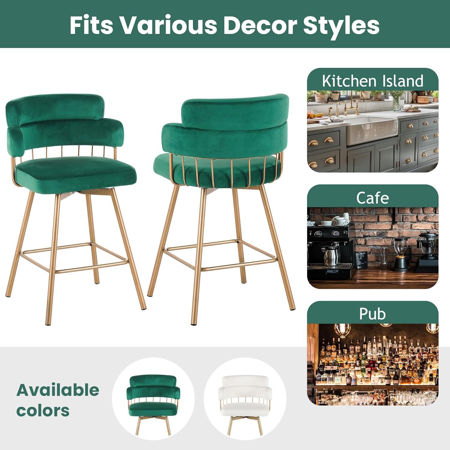 image:imageChristopher Knight Home Marin Counter Height Bar Stools Set of 2 180 Swivel Upholstered Barstools with Backs and Metal Legs Dining Room Chairs Counter Height Stools with Footrest Green GoldenGreen Golden