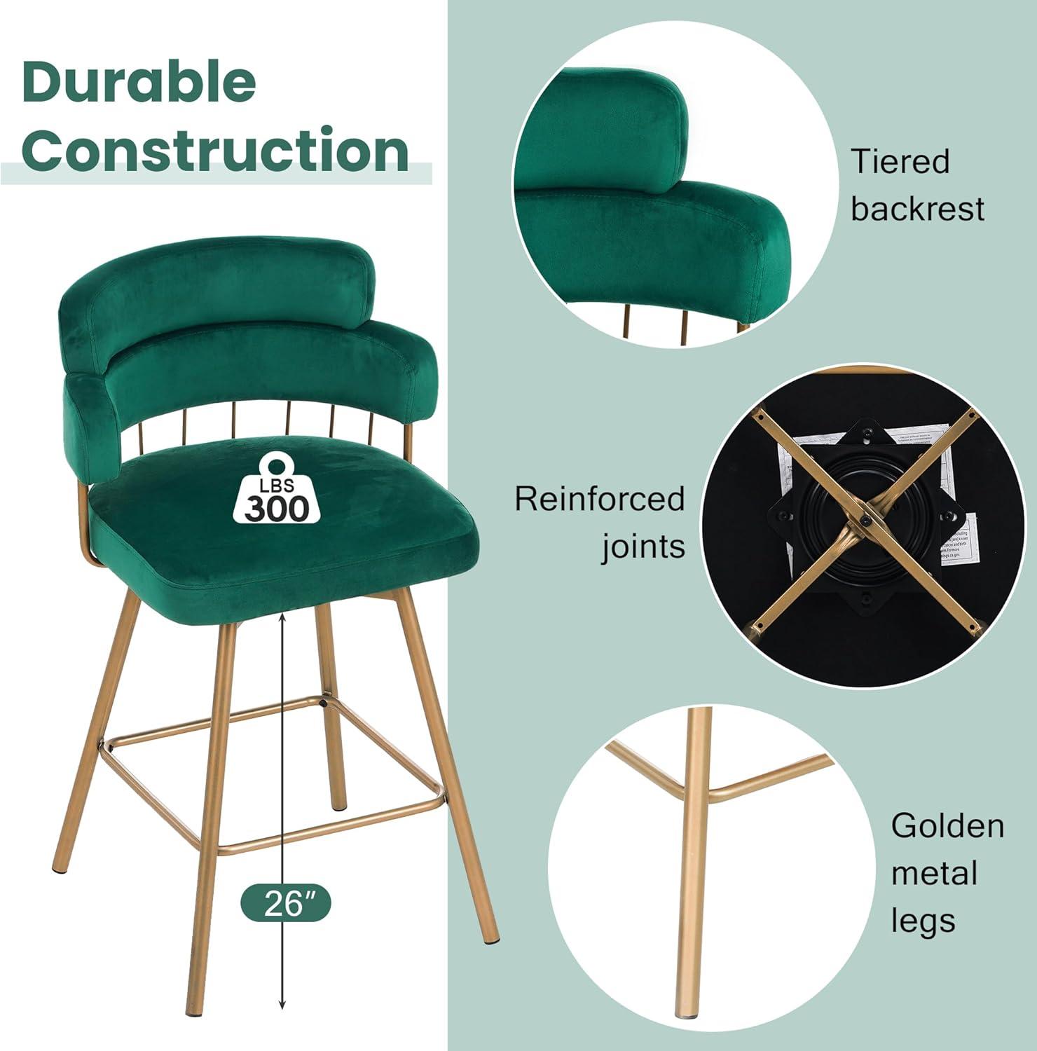 image:imageChristopher Knight Home Marin Counter Height Bar Stools Set of 2 180 Swivel Upholstered Barstools with Backs and Metal Legs Dining Room Chairs Counter Height Stools with Footrest Green GoldenGreen Golden