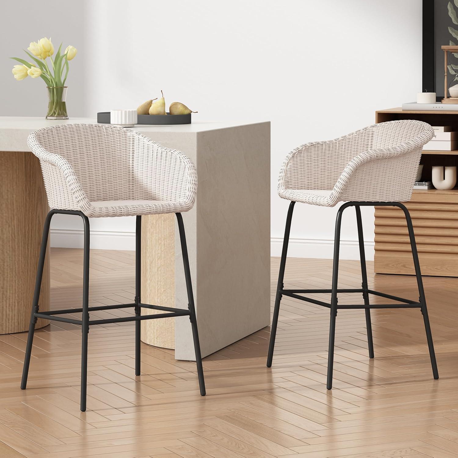 image:imageChristopher Knight Home Rekkles Patio Barstool Set of 2 PE Rattan Outdoor Counter Height Stool Set for Bar Table Metal Frame Barstool for Backyard Balcony Garden Black Light GrayBlack Light Gray