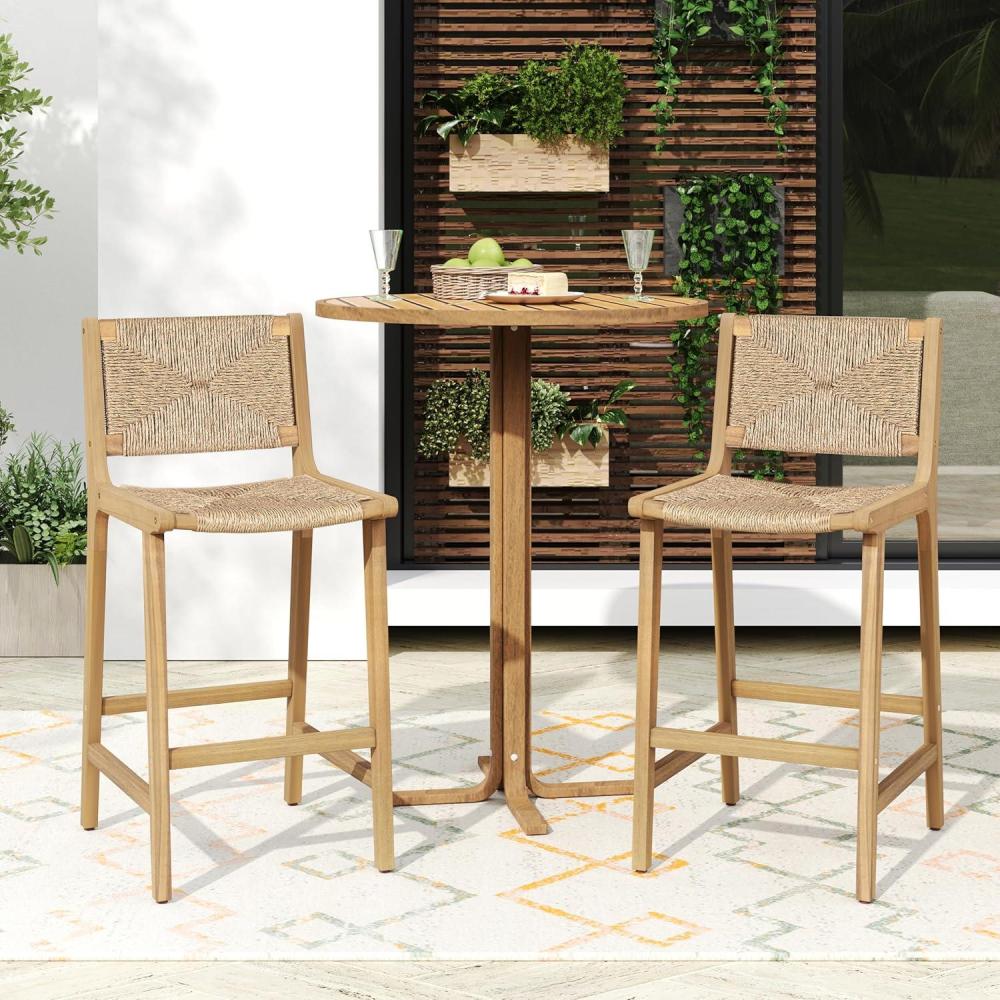 image:imageChristopher Knight Home Beryl Patio Barstool Set of 2 Outdoor Counter Height Stool with Wood Frame and Natural PE Wicker Bar Stool with BackrestFootrest for Backyard Balcony Garden Light TeakLight Teak