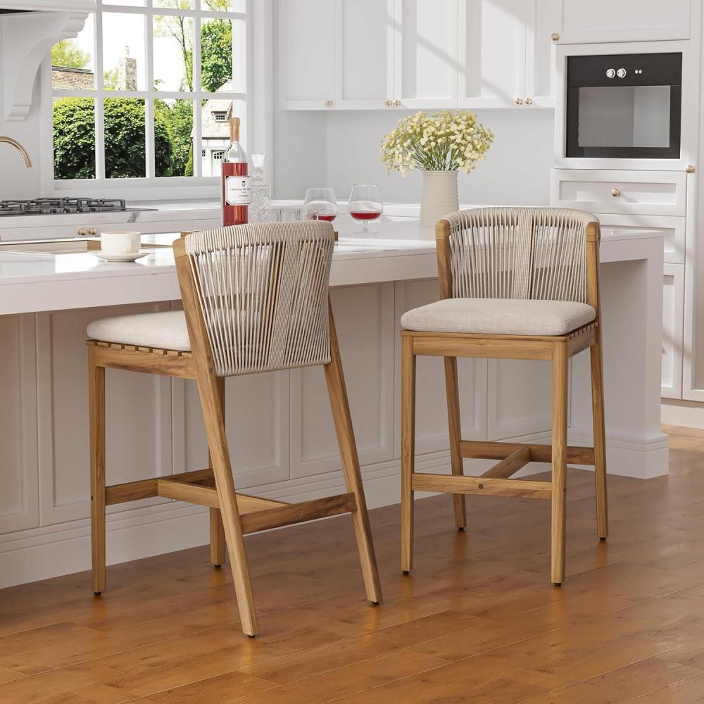 image:imageChristopher Knight Home Cuz Patio Barstool Set of 2 Outdoor Counter Height Stool with Sturdy Acacia Wood Frame and Rope Backrest Bar Stool with Seat Cushion for Backyard Garden Beige Teak