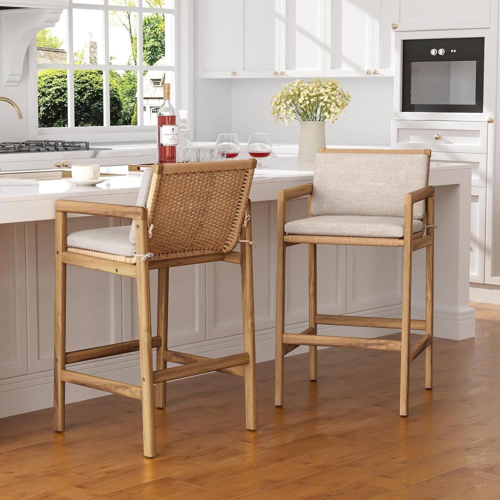 image:imageChristopher Knight Home Deft Patio Barstool Set of 2 Outdoor Counter Height Stool with Acacia Wood Frame and Wicker Bar Stool with BackrestSeat Cushion for Backyard Garden Beige Teak