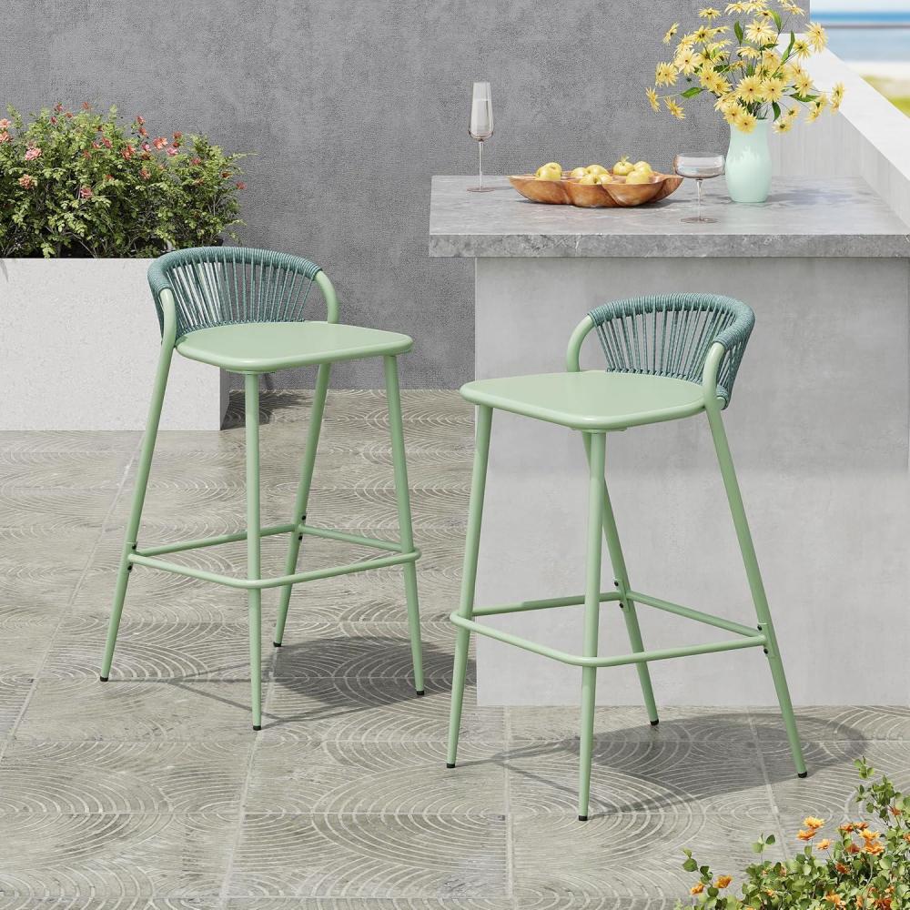 image:imageChristopher Knight Home Hearth 295H Patio Barstools Set of 2 Aluminum Frame Barstool Woven Rpoe Island Counter Stool Scallopshaped Backrest Bistro Chairs for Balcony Backyard Garden Sage GreenSage Green
