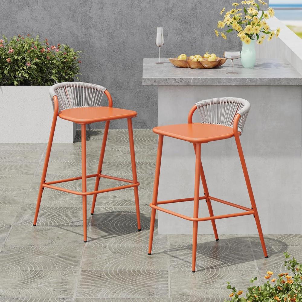 image:imageChristopher Knight Home Hearth 295H Patio Barstools Set of 2 Aluminum Frame Barstool Woven Rpoe Island Counter Stool Scallopshaped Backrest Bistro Chairs for Balcony Backyard Garden Sage GreenOrange