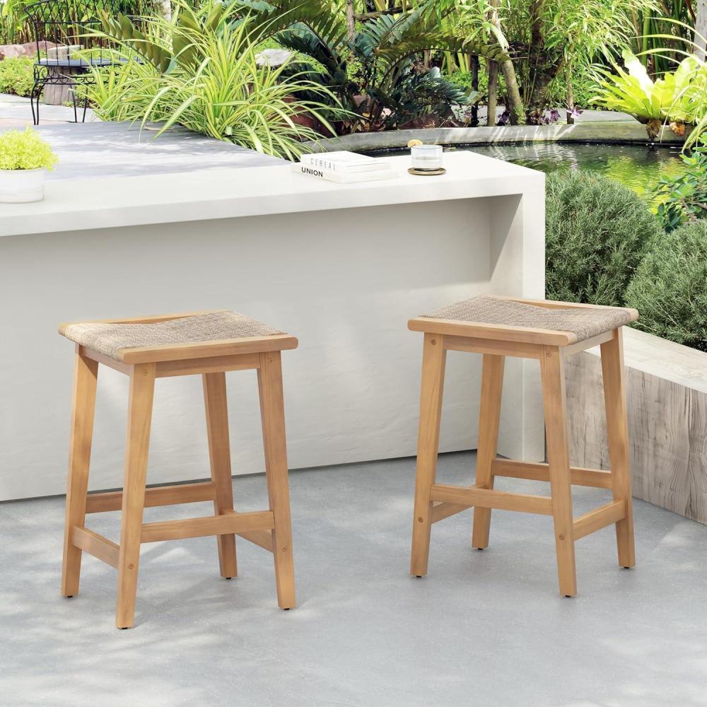 image:imageChristopher Knight Home Lily Set of 2 Patio Barstool Acacia Wood amp Woven Rope Outdoor Counter Stool with Footrest Backless Wooden Barstool Chairs for Backyard Balcony Garden Beige Teak