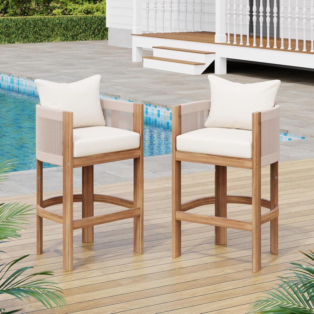 image:imageChristopher Knight Home Matera Outdoor Counter Height Bar Stools Set of 2 Barstool for Kitchen Island Acacia Wood Counter Stool with FootrestRemovable CushionDining Chair for Bar TableTeak Beige