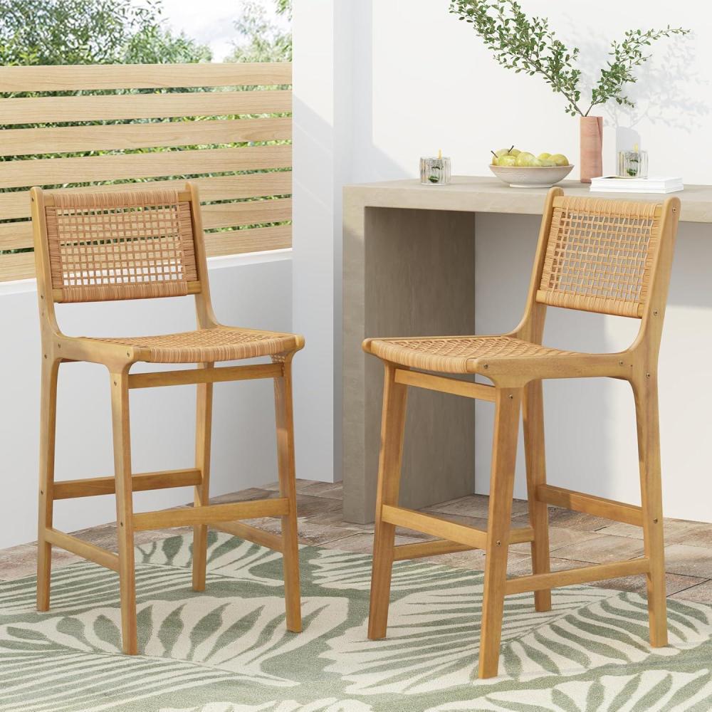 image:imageChristopher Knight Home Merry Patio Acacia Wood Bar Stool Set of 2 Counter Height Barstool Set for Bar TableHandwoven Wicker Kitchen Island Dining ChairWooden Counter Stool with FootrestLight Teak