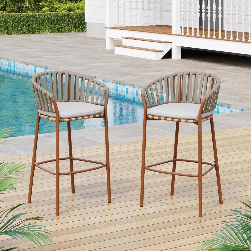 image:imageChristopher Knight Home Pansy Outdoor Bar Stools Set of 2 Round Barstool for Kitchen Island Metal Rattan Frame Dining Room Chair Counter Stool with Footrest and Cushion TeakGray
