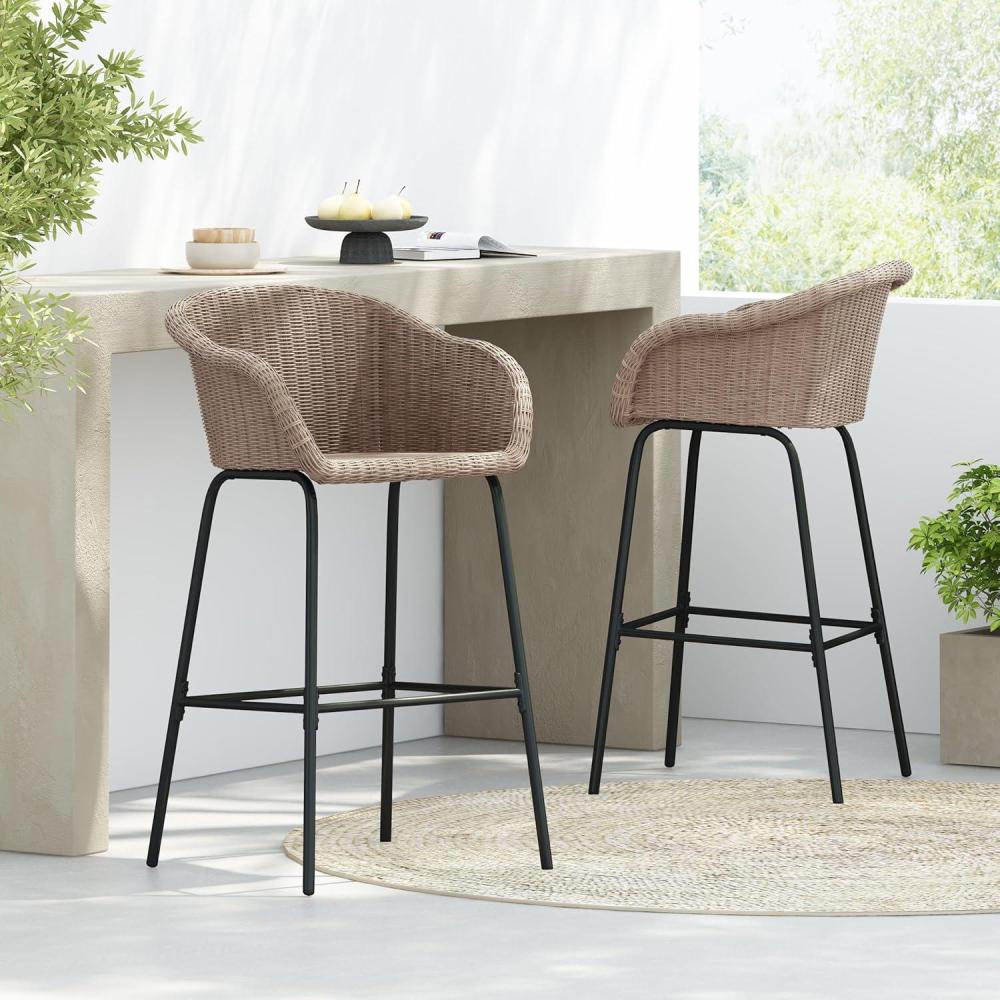 image:imageChristopher Knight Home Rekkles Patio Barstool Set of 2 PE Rattan Outdoor Counter Height Stool Set for Bar Table Metal Frame Barstool for Backyard Balcony Garden Black Light GrayBlack Light Brown