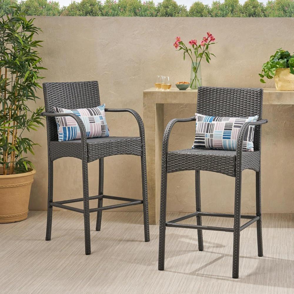 image:imageChristopher Knight Home Solis 30 H Patio Barstools Set of 2 Woven Rattan Barstool Wicker Weave Armchair Tall Bistro Chair with Footrail Outdoor Counter Stool for Backyard Garden Gray
