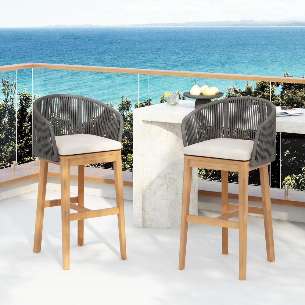 image:imageChristopher Knight Home Zax Set of 2 Patio Barstool Acacia Wood amp Rope Outdoor Counter Stool with BackrestFootrest Barstool Chairs with Cushion Seating for Backyard Balcony Garden Beige TeakBeige Gray Teak