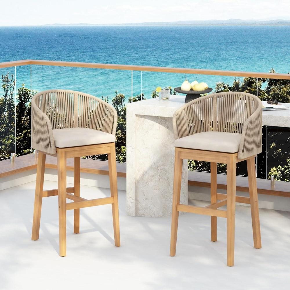 image:imageChristopher Knight Home Zax Set of 2 Patio Barstool Acacia Wood amp Rope Outdoor Counter Stool with BackrestFootrest Barstool Chairs with Cushion Seating for Backyard Balcony Garden Beige TeakBeige Teak