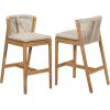 Christopher Knight Home Cuz Patio Barstool Set of 2, Outdoor Counter Height Stool with Sturdy Acacia Wood Frame and Rope Backrest, Bar Stool with Seat Cushion for Backyard Garden, Beige + Teak