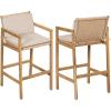 Christopher Knight Home Deft Patio Barstool Set of 2, Outdoor Counter Height Stool with Acacia Wood Frame and Wicker, Bar Stool with Backrest/Seat Cushion for Backyard Garden, Beige + Teak