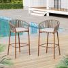 Christopher Knight Home Pansy Outdoor Bar Stools Set of 2, Round Barstool for Kitchen Island, Metal Rattan Frame Dining Room Chair, Counter Stool with Footrest and Cushion, Teak+Gray