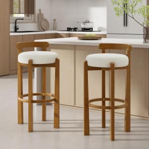 Christopher Knight Home Athe Set of 2 Indoor Wooden Low Back Barstool, Rubberwood Frame Bar Chair, Seat Cushion Counter Height Stool, Bar Stools for Kitchen Island, White & Walnut(White & Walnut)