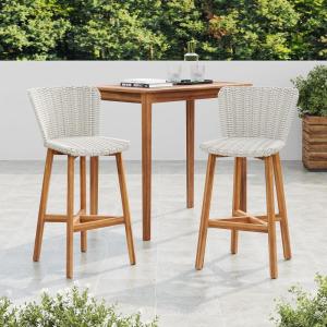 Christopher Knight Home Aurora Patio Barstool Set of 2, Outdoor Counter Stool with Finished Wood and Wicker, Accent Chair with Backrest/Footrest for Bar Table/Kitchen Islands, Light Brown + Teak(Light Grey + Teak)