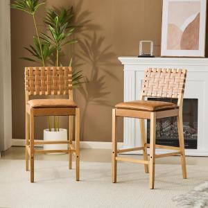 Christopher Knight Home Caitlyn lndoor Barstool Set of 2, Counter Height Stool with Footrest/Backrest for Bar Table, Natural Rubberwood Frame with Faux Leather Upholstery Counter Stool, Brown+Natural