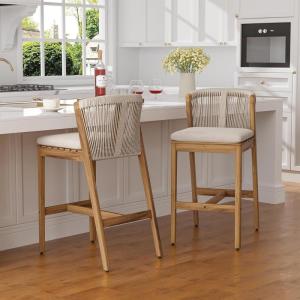 Christopher Knight Home Cuz Patio Barstool Set of 2, Outdoor Counter Height Stool with Sturdy Acacia Wood Frame and Rope Backrest, Bar Stool with Seat Cushion for Backyard Garden, Beige + Teak