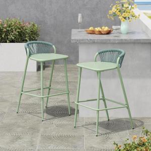Christopher Knight Home Hearth 29.5″H Patio Barstools Set of 2, Aluminum Frame Barstool, Woven Rpoe Island Counter Stool, Scallop-shaped Backrest Bistro Chairs for Balcony Backyard Garden, Sage Green(Sage Green)