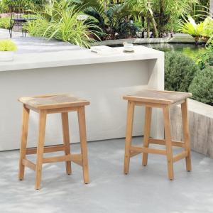 Christopher Knight Home Lily Set of 2 Patio Barstool, Acacia Wood & Woven Rope Outdoor Counter Stool with Footrest, Backless Wooden Barstool Chairs for Backyard Balcony Garden, Beige + Teak