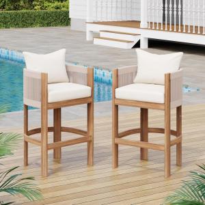 Christopher Knight Home Matera Outdoor Counter Height Bar Stools Set of 2, Barstool for Kitchen Island, Acacia Wood Counter Stool with Footrest+Removable Cushion,Dining Chair for Bar Table,Teak+ Beige