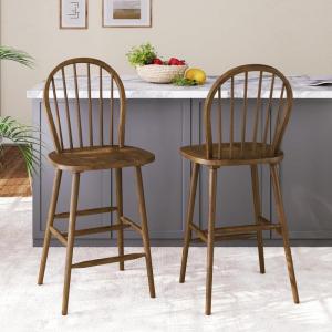 Christopher Knight Home Morgan Rubber Wood Barstool Set of 2, Counter Height Stool with Windsor-Back Design, Modern Bar Stool with Backrest/Footrest for Dining Room/Kitchen Dining Island, Walnut