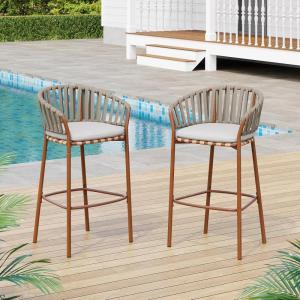 Christopher Knight Home Pansy Outdoor Bar Stools Set of 2, Round Barstool for Kitchen Island, Metal Rattan Frame Dining Room Chair, Counter Stool with Footrest and Cushion, Teak+Gray