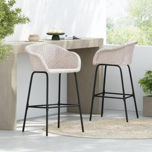 Christopher Knight Home Rekkles Patio Barstool Set of 2, PE Rattan Outdoor Counter Height Stool Set for Bar Table, Metal Frame Barstool for Backyard Balcony Garden, Black + Light Gray(Black + Light Gray)
