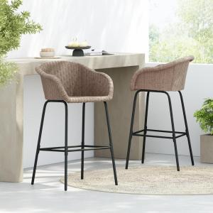 Christopher Knight Home Rekkles Patio Barstool Set of 2, PE Rattan Outdoor Counter Height Stool Set for Bar Table, Metal Frame Barstool for Backyard Balcony Garden, Black + Light Gray(Black + Light Brown)