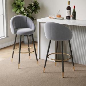 Christopher Knight Home Rumer 40.5″ High Back Bar Stool Set of 2, Stools for Kitchen Island, Velvet Upholstered Bar Chair with Iron Frame, Barrel Chair for Home Bars with Footrest, Gold+Black+Gray(Gold+black+gray)