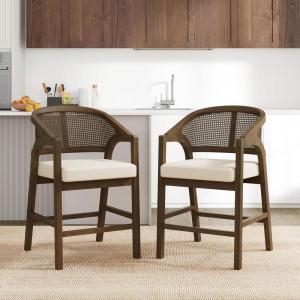 Christopher Knight Home Set of 2 Morley Wooden Counter Height Bar Stool, Kitchen Island Barstool with footrest, Curved Backrest Dining Chair, Soft Removable Cushions, Beige+Natural(Beige+walnut)