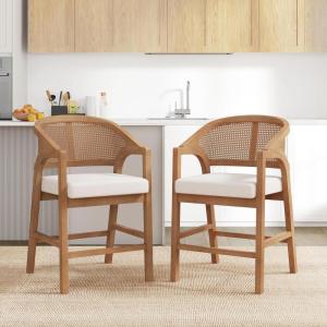Christopher Knight Home Set of 2 Morley Wooden Counter Height Bar Stool, Kitchen Island Barstool with footrest, Curved Backrest Dining Chair, Soft Removable Cushions, Beige+Natural(Beige+natural)