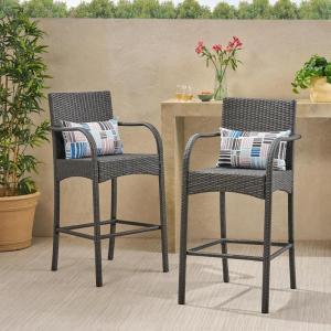 Christopher Knight Home Solis 30″ H Patio Barstools Set of 2, Woven Rattan Barstool, Wicker Weave Armchair, Tall Bistro Chair with Footrail, Outdoor Counter Stool for Backyard Garden, Gray