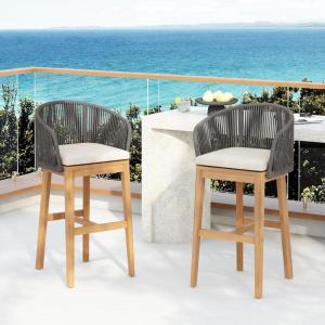 Christopher Knight Home Zax Set of 2 Patio Barstool, Acacia Wood & Rope Outdoor Counter Stool with Backrest/Footrest, Barstool Chairs with Cushion Seating for Backyard Balcony Garden, Beige + Teak(Beige + Gray + Teak)