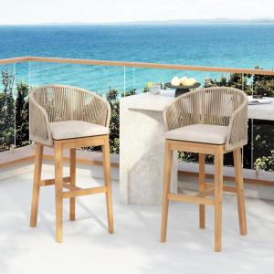 Christopher Knight Home Zax Set of 2 Patio Barstool, Acacia Wood & Rope Outdoor Counter Stool with Backrest/Footrest, Barstool Chairs with Cushion Seating for Backyard Balcony Garden, Beige + Teak(Beige + Teak)