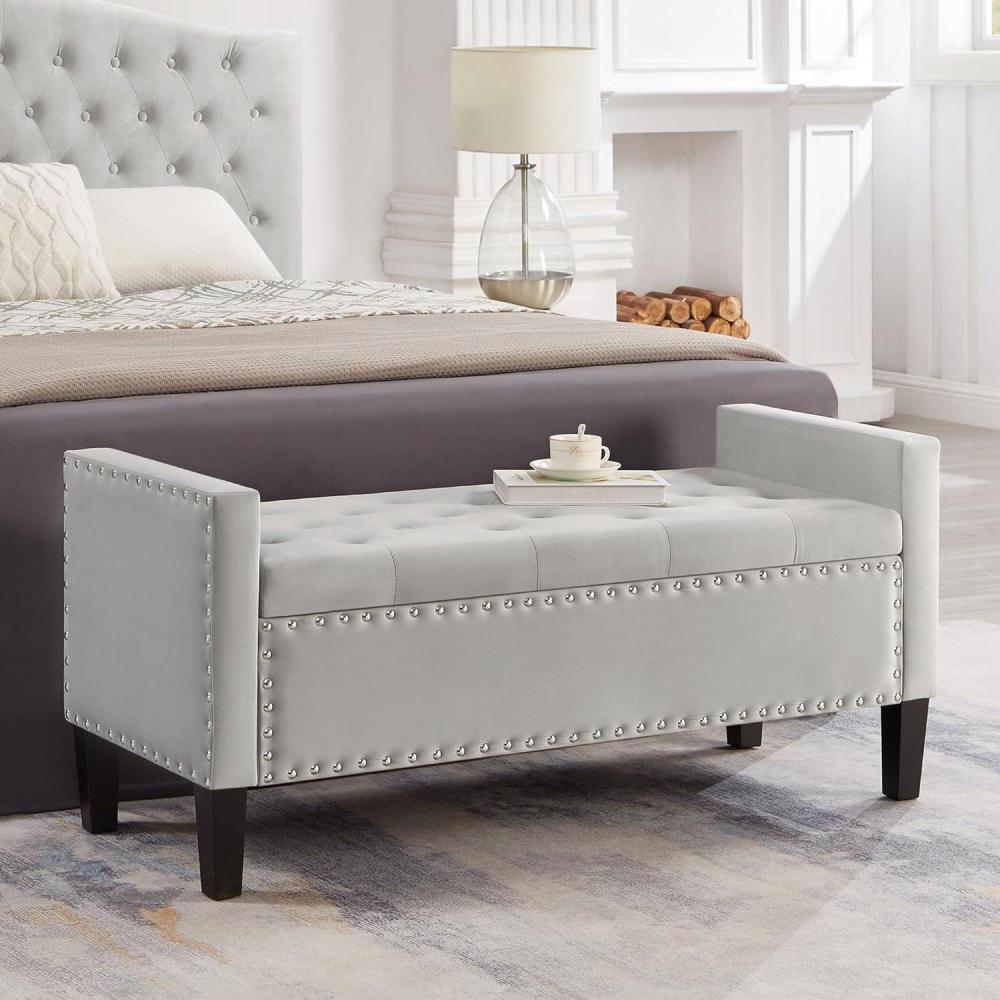 image:imageChristopher Knight Home Kenilwo 48 Velvet Storage Ottoman with Armrest Upholstered Storage Bench with Tufted Button Nails Trim Rectangular Ottoman Bench for Entryway Living Room Bedroom GrayGrey