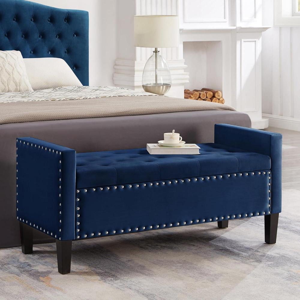 image:imageChristopher Knight Home Kenilwo 48 Velvet Storage Ottoman with Armrest Upholstered Storage Bench with Tufted Button Nails Trim Rectangular Ottoman Bench for Entryway Living Room Bedroom GrayNavy Blue