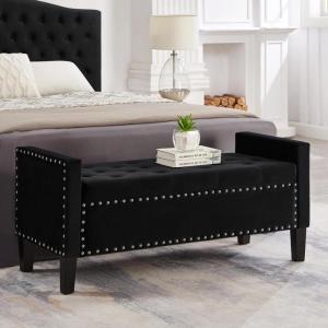 Christopher Knight Home Kenilwo 48” Velvet Storage Ottoman with Armrest, Upholstered Storage Bench with Tufted Button Nails Trim, Rectangular Ottoman Bench for Entryway Living Room Bedroom, Gray(Black)
