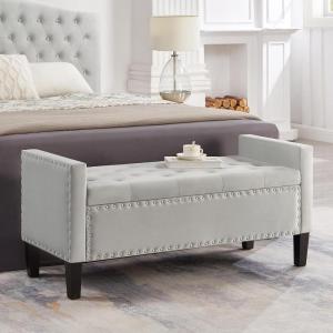 Christopher Knight Home Kenilwo 48” Velvet Storage Ottoman with Armrest, Upholstered Storage Bench with Tufted Button Nails Trim, Rectangular Ottoman Bench for Entryway Living Room Bedroom, Gray(Grey)