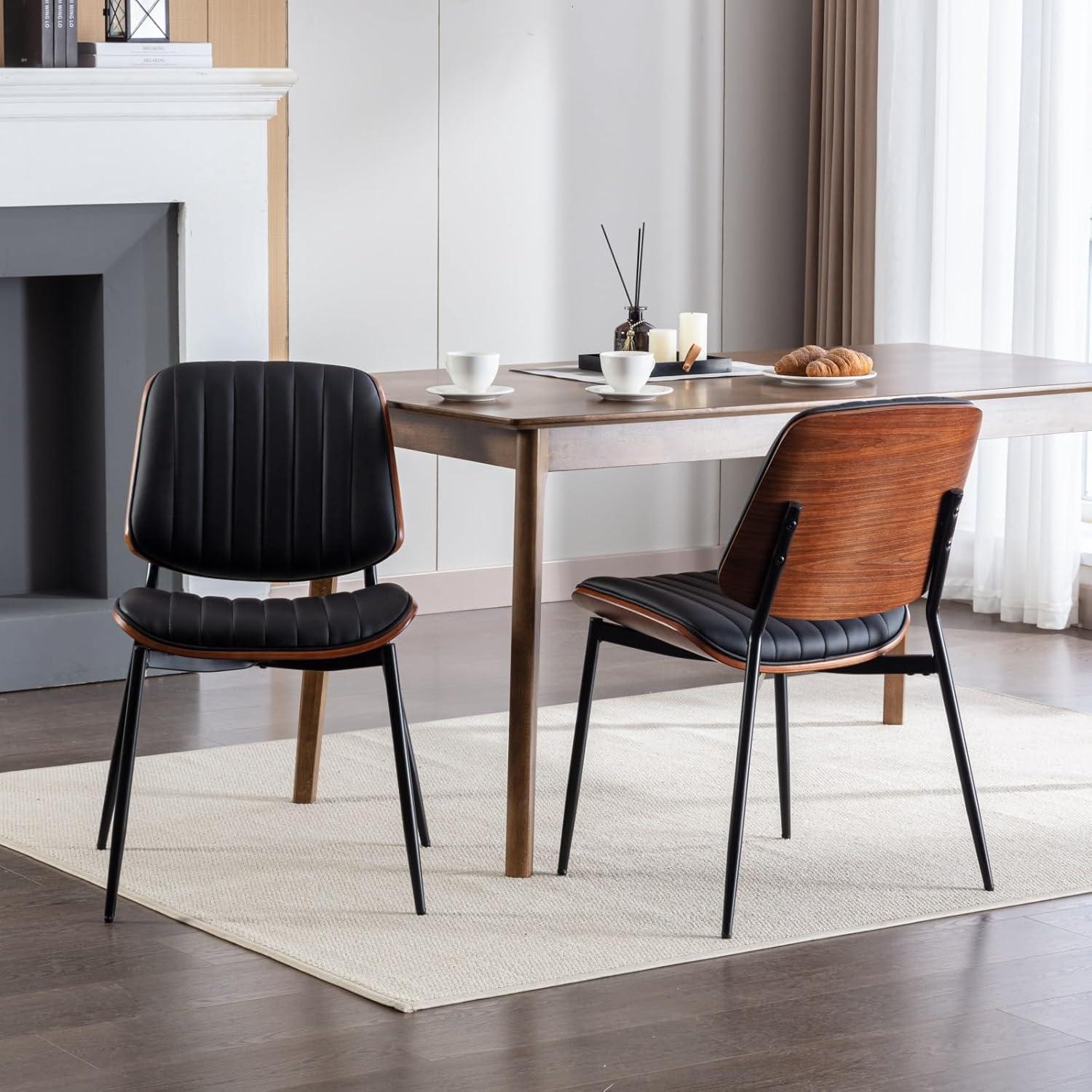 image:imageChristopher Knight Home Collin Dining Chairs Set of 2 Retro Faux Leather Armless Chair with Walnut Bentwood Back Upholstered Seat Metal Legs Adjustable Foot for Kitchen Dining Room Chairs Black PUBlack