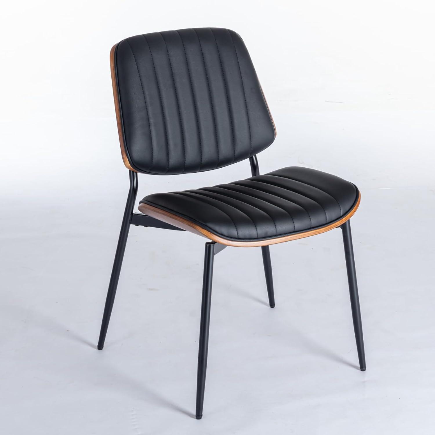 image:imageChristopher Knight Home Collin Dining Chairs Set of 2 Retro Faux Leather Armless Chair with Walnut Bentwood Back Upholstered Seat Metal Legs Adjustable Foot for Kitchen Dining Room Chairs Black PUBlack