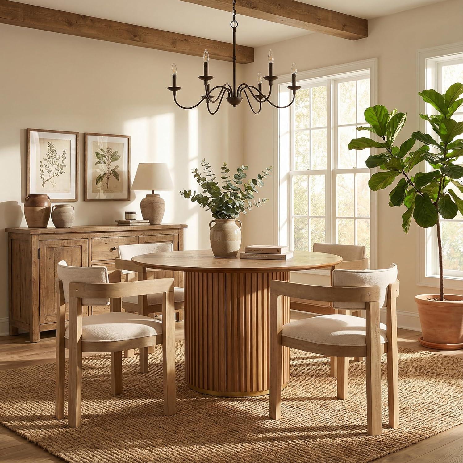 image:imageChristopher Knight Home Falcon Modern Round Dining Table Set for 4 5 Piece Dining Room Table Set for 4 Kitchen Table and Chair Set of 4 NaturalBeigeNaturalbeige