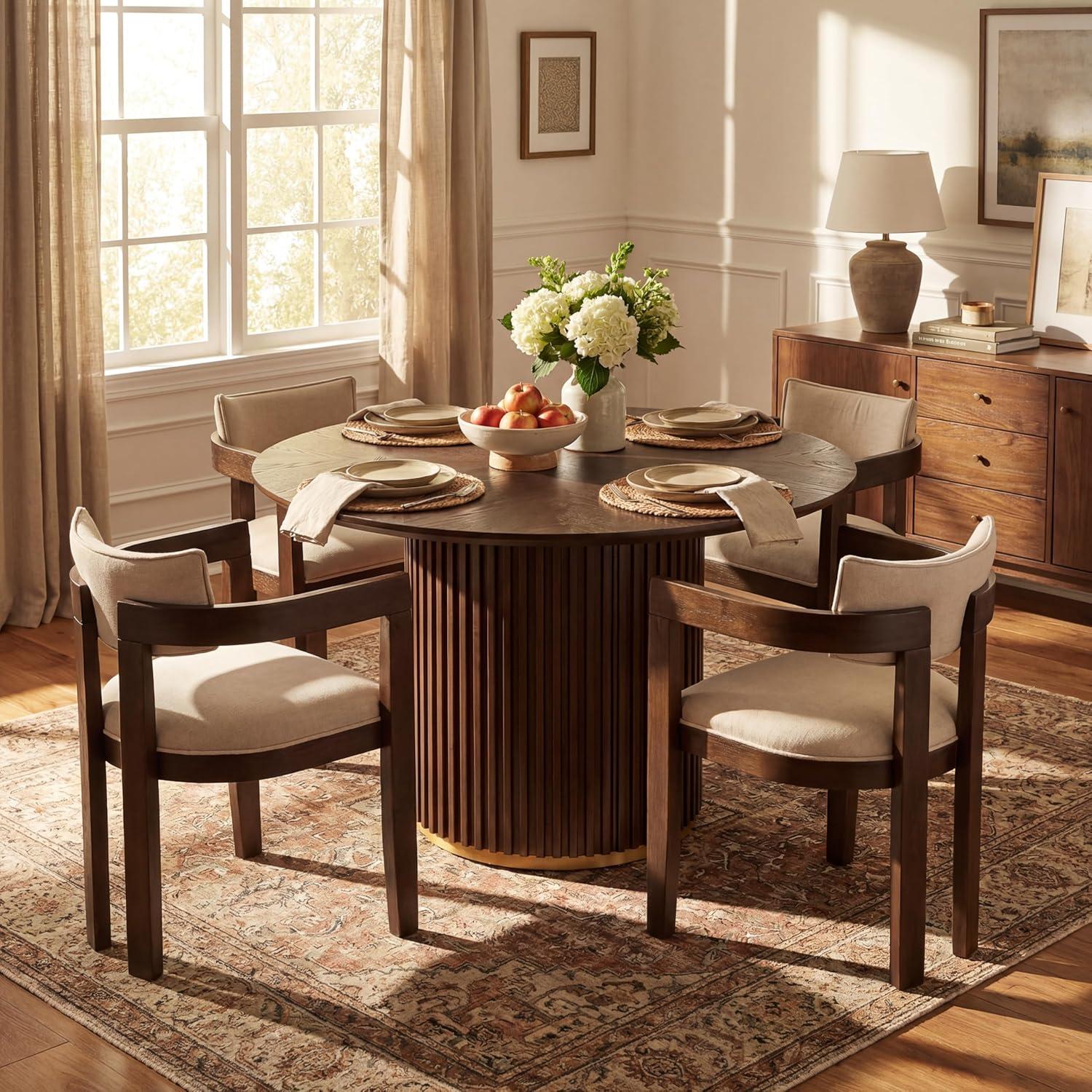 image:imageChristopher Knight Home Falcon Modern Round Dining Table Set for 4 5 Piece Dining Room Table Set for 4 Kitchen Table and Chair Set of 4 NaturalBeigeWalnutbeige