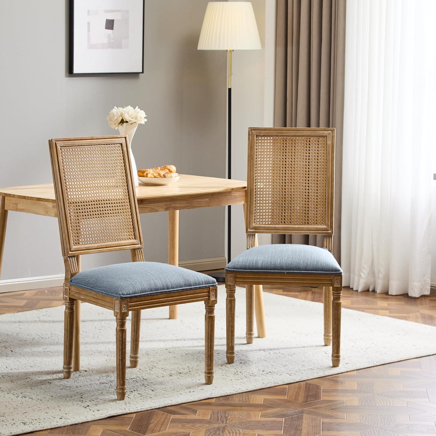 image:imageChristopher Knight Home Powell French Country Indoor Dining Chairs Set of 2 Wooden Dining Room Chair with Cane Backrest High Back Kitchen Seat Fabric Upholstered Armless Chair BeigeWalnutSlate Blue