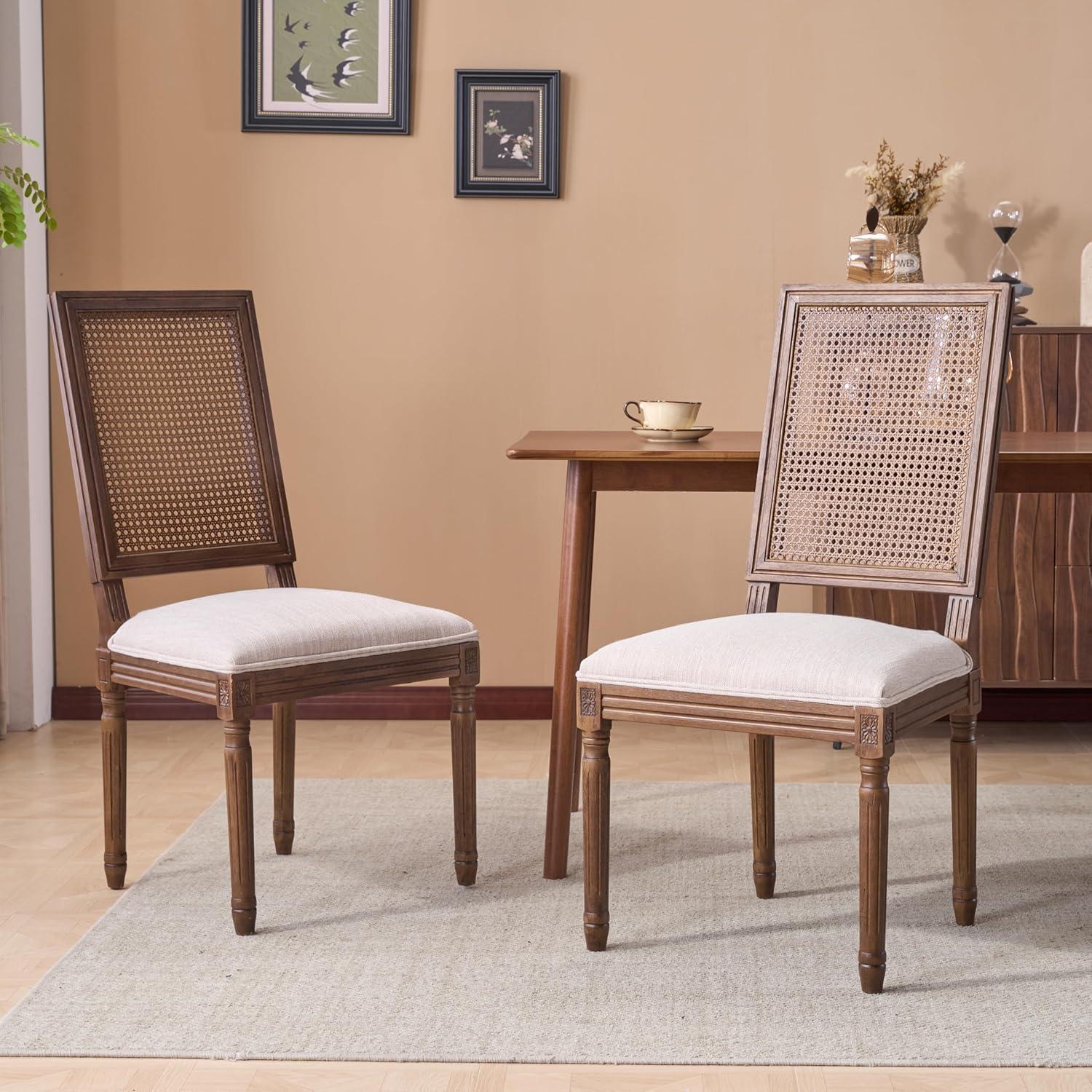 image:imageChristopher Knight Home Powell French Country Indoor Dining Chairs Set of 2 Wooden Dining Room Chair with Cane Backrest High Back Kitchen Seat Fabric Upholstered Armless Chair BeigeWalnutBeigewalnut