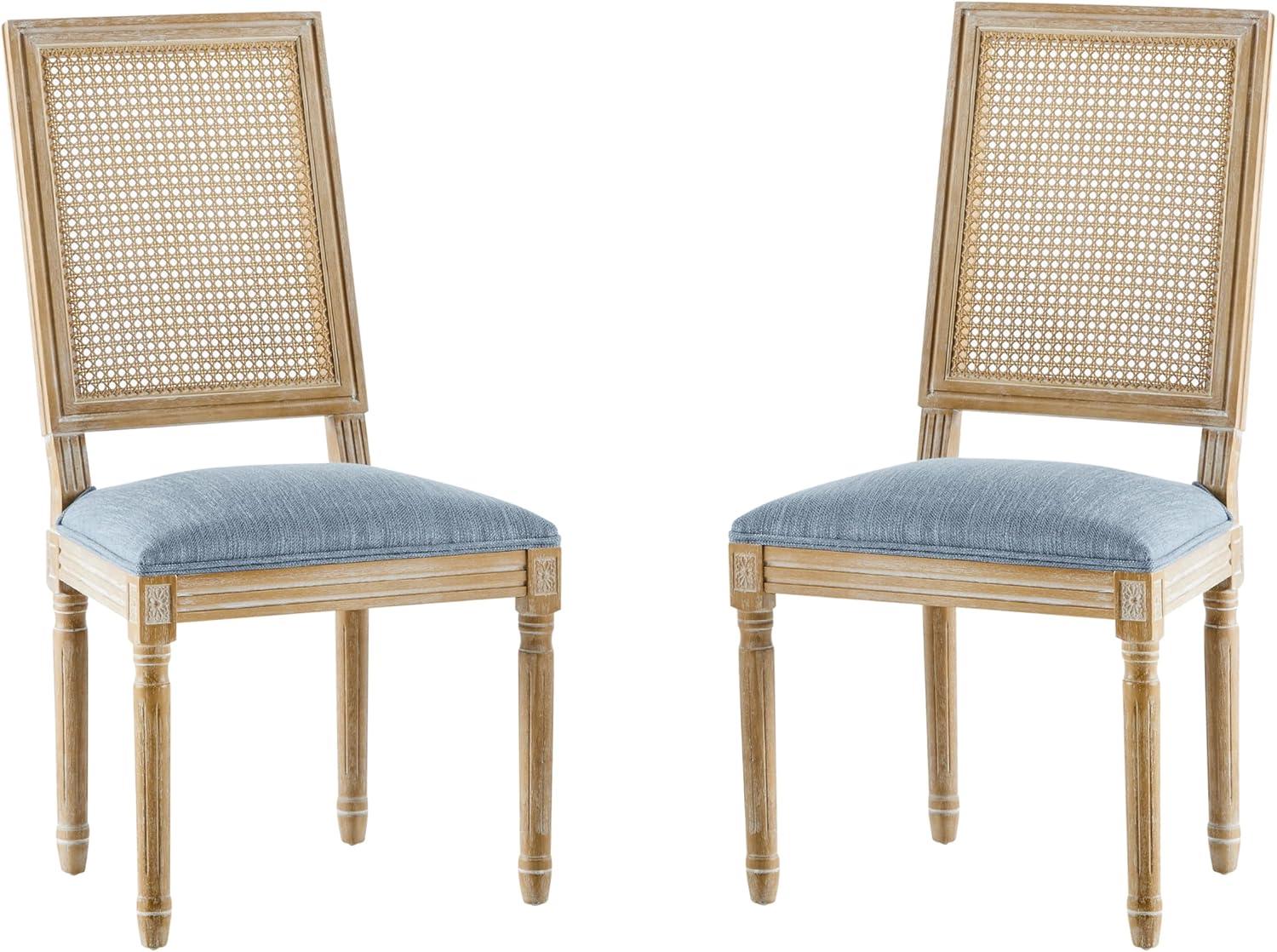 image:imageChristopher Knight Home Powell French Country Indoor Dining Chairs Set of 2 Wooden Dining Room Chair with Cane Backrest High Back Kitchen Seat Fabric Upholstered Armless Chair BeigeWalnutSlate Blue