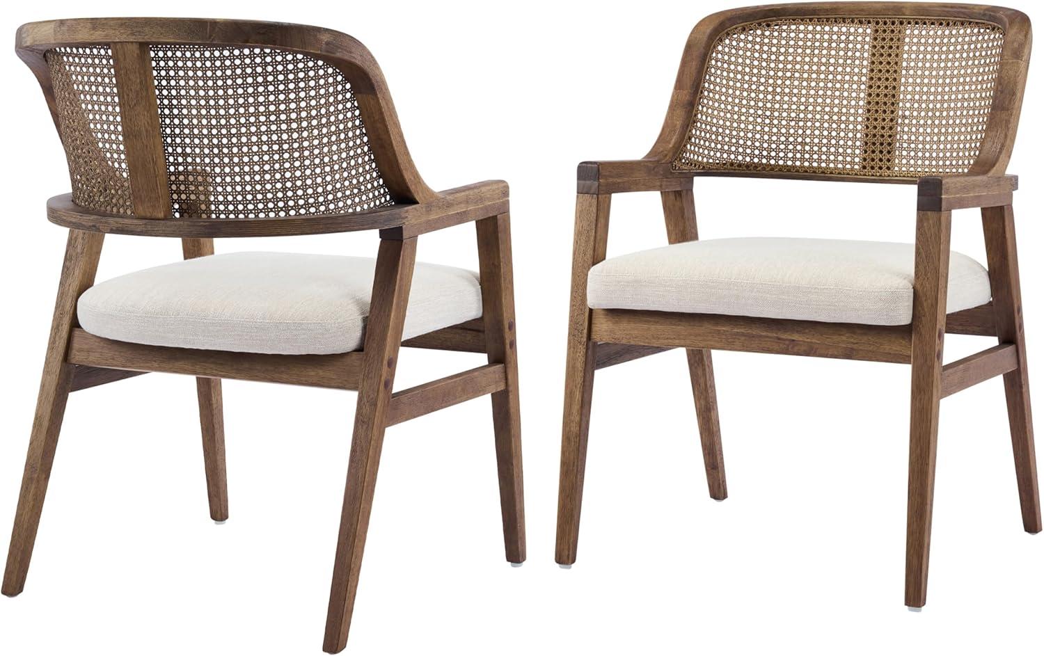 image:imageChristopher Knight Home Scout Dining Chairs Set of 2 Modern Dining Chair with Fabric Upholstery Rubberwood Frame Kitchen Arm Chairs with Cane Webbing Back Extra Seat for Dining Room BeigeWalnutBeigewalnut