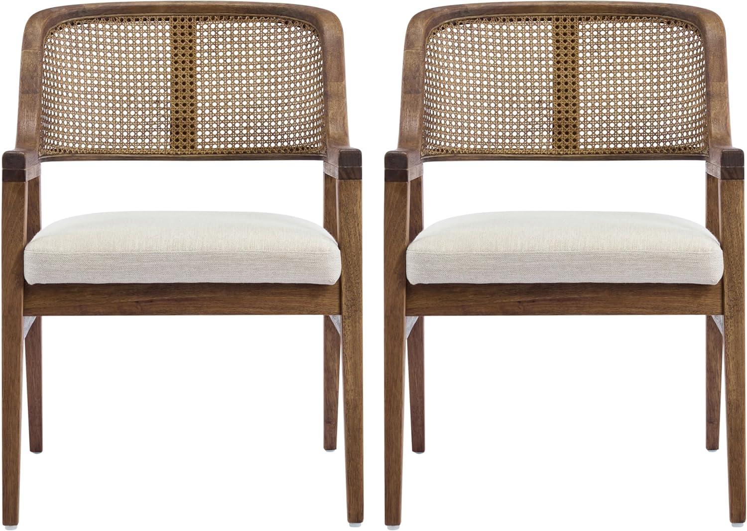 image:imageChristopher Knight Home Scout Dining Chairs Set of 2 Modern Dining Chair with Fabric Upholstery Rubberwood Frame Kitchen Arm Chairs with Cane Webbing Back Extra Seat for Dining Room BeigeWalnutBeigewalnut