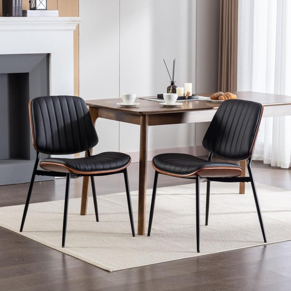 image:imageChristopher Knight Home Collin Dining Chairs Set of 2 Retro Faux Leather Armless Chair with Walnut Bentwood Back Upholstered Seat Metal Legs Adjustable Foot for Kitchen Dining Room Chairs Black PUBlack